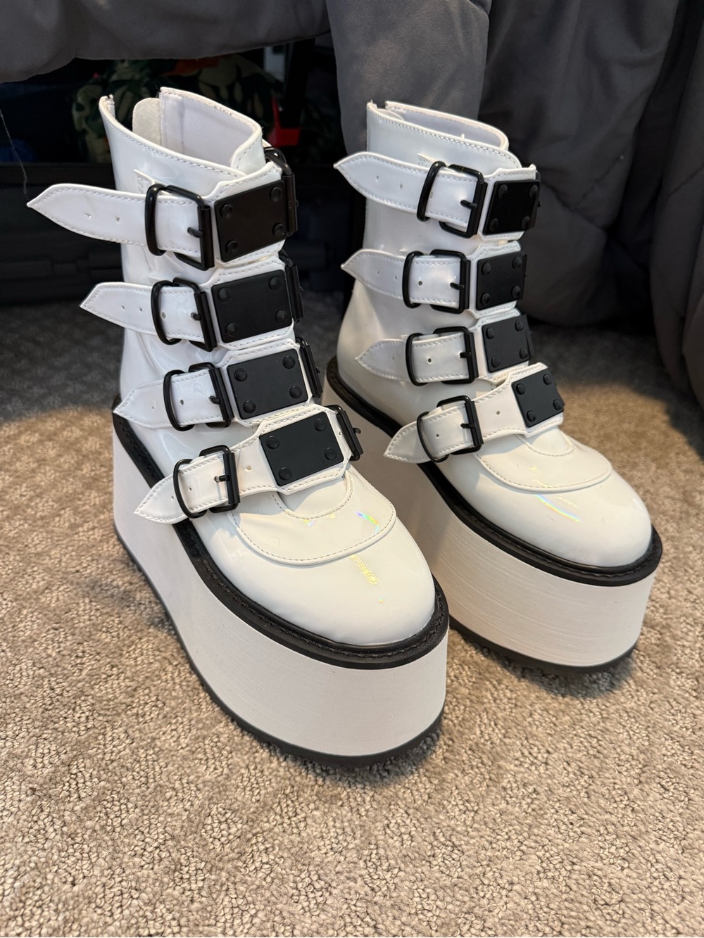 Demonia Damned-105 White Holographic Platform Boots | Size 7